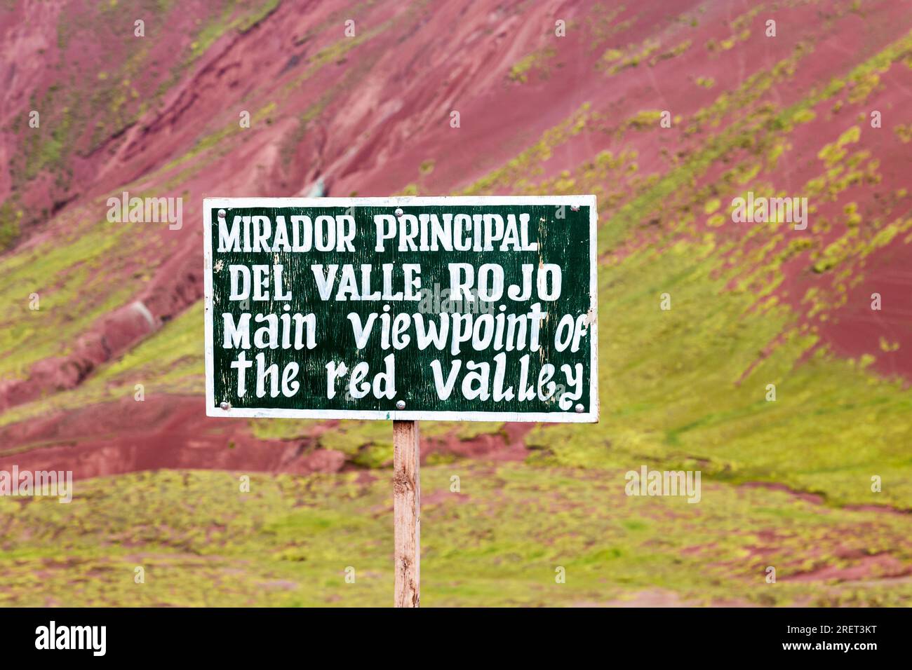 Sign for Red Valley mountains viewpoint in the Andes, Peru Stock Photo