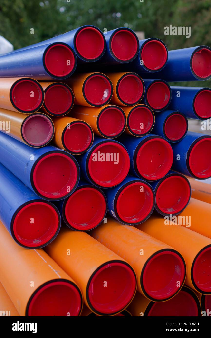 District heating pipe system, energy transition, energy supply, district heating, pipes, Schwaebisch Hall, Baden-Wuerttemberg, Germany, Hohenlohe Stock Photo