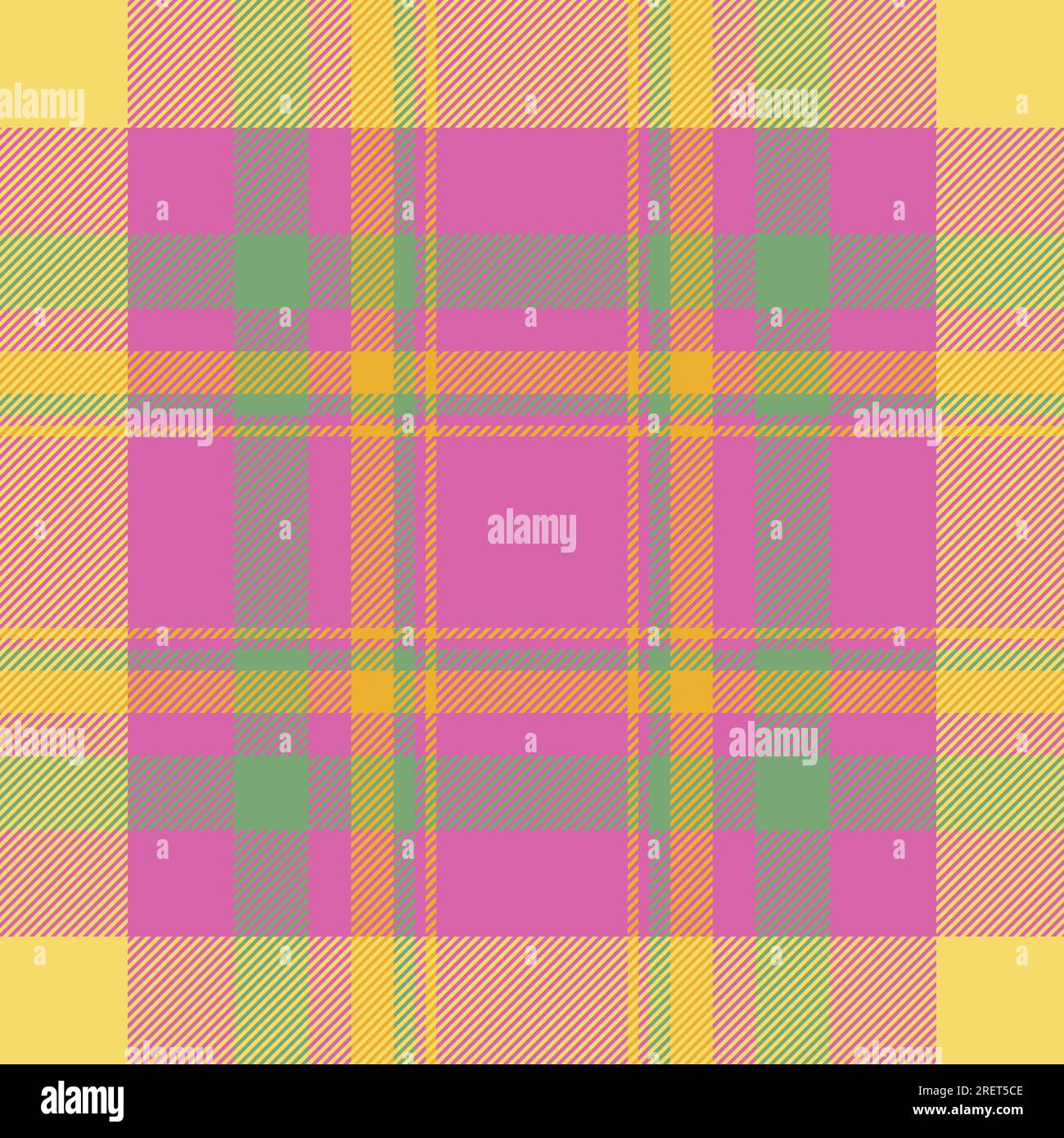 Check background textile of plaid tartan vector with a seamless pattern texture fabric in pink and yellow colors. Stock Vector
