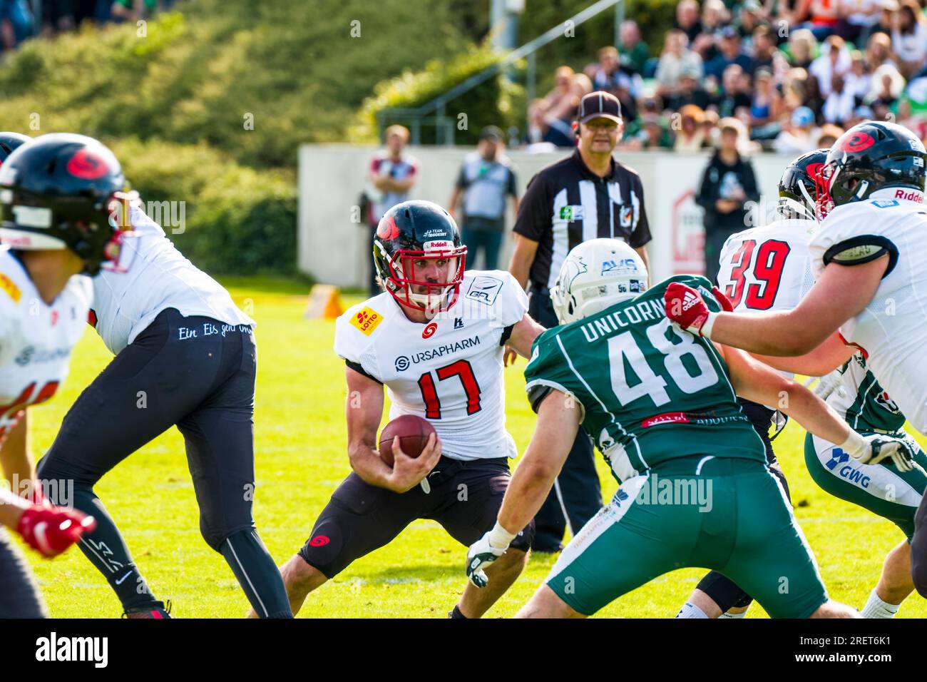 Shwaebisch Hall, Germany. 29th July 2023. erima GFL / German Football League,  Schwaebisch Hall Unicorns -  Saarland Hurricanes  in the Optima-Sportpark Shwaebisch Hall on July 29.2023 Germany, QB # 17 Robert Rowell / Saarland Hurricanes Credit: Frank Baumert/Alamy Live News Stock Photo