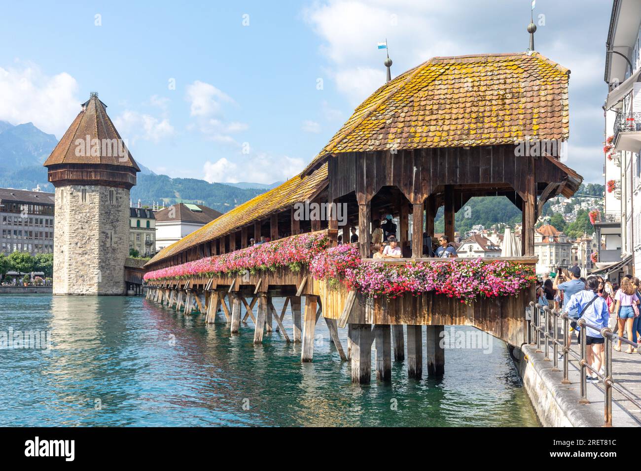 The Kapellbrücke (Chapel Bridge) and  its Wasserturm (Water Tower), City of Lucerne (Luzern), Lucerne, Switzerland Stock Photo