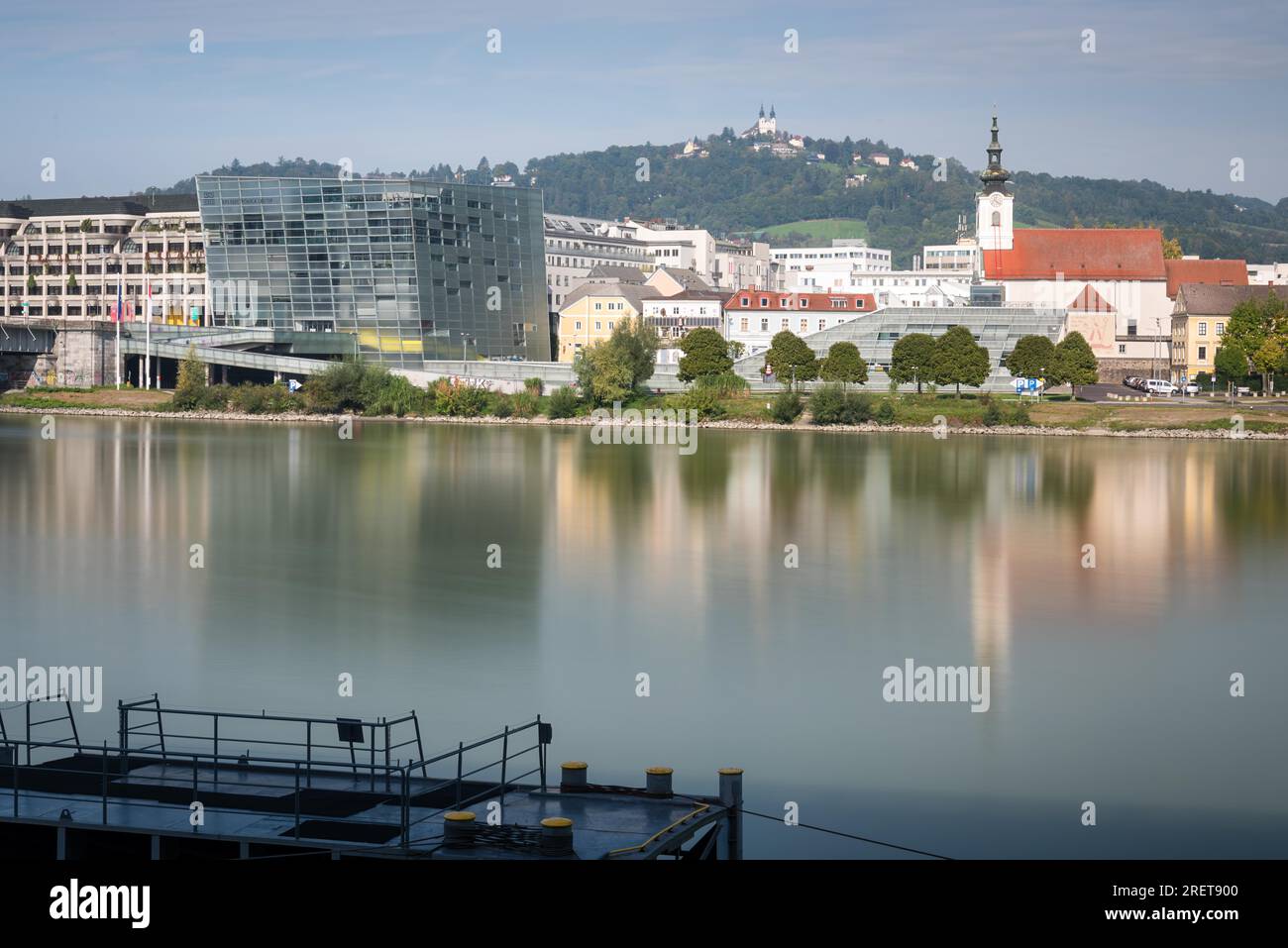 Linz Austria, Danube river with ars art center and goestlingberg Stock ...