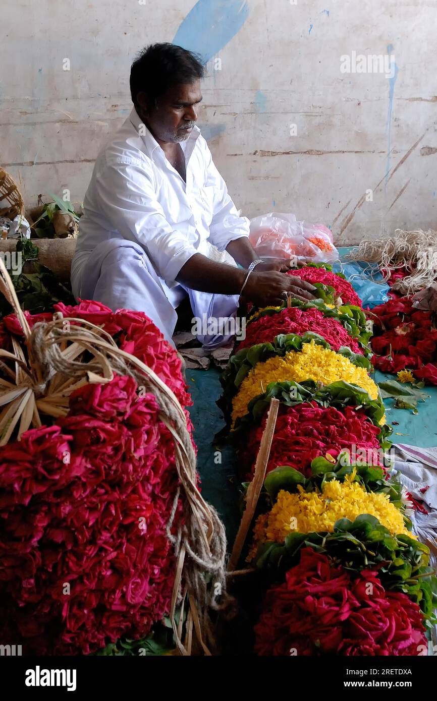 Garland making inside the Kapaleeshwarar temple in Chennai, Tamil Nadu