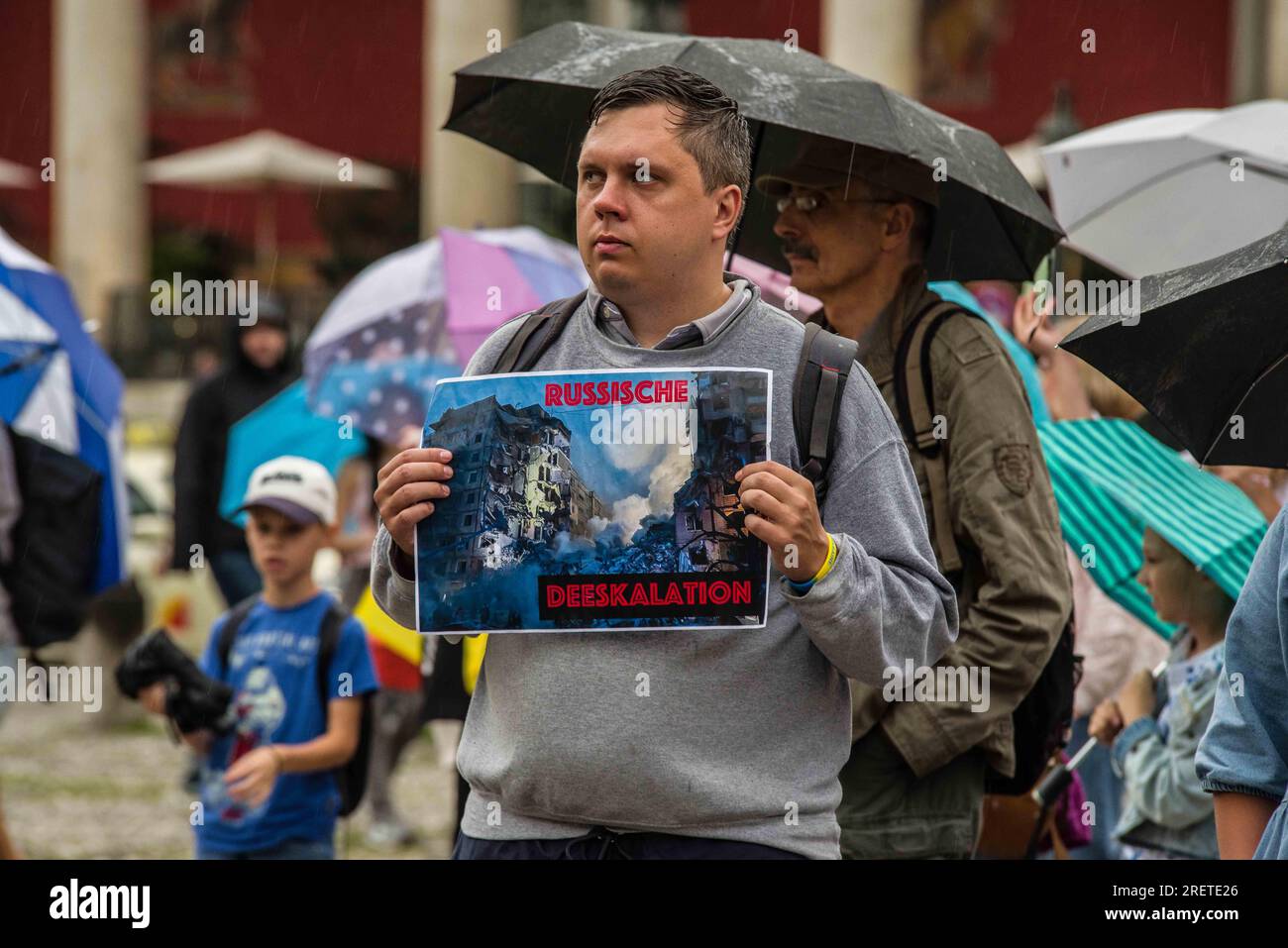 Munich, Bavaria, Germany. 29th July, 2023. Ukrainians in Munich, Germany demonstrate against Russian terrorism and attacks on civilians. (Credit Image: © Sachelle Babbar/ZUMA Press Wire) EDITORIAL USAGE ONLY! Not for Commercial USAGE! Stock Photo