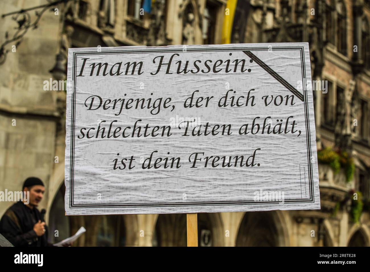 July 29, 2023, Munich, Bavaria, Germany: The Ahlul Bayt Kulturverein Muenchen e.V. organized an Ashura Trauermarsch (funeral march) for third Imam of Shiite Islam Husayn al Abidin- said to be a grandson of Mohammed whose death is one of the sources of Shiite-Sunni tensions. The Ahlul Bayt Kulturverein is seen as being connected to or being an arm of the Iranian regime and is officially under the Islamische Gemeinschaft der Schiitischen Gemeinden (IGS) who, in the past, has been linked to the controversial al-Quds Tag demo. The Ashura marches are better known as the events in Iran, Afghanistan, Stock Photo