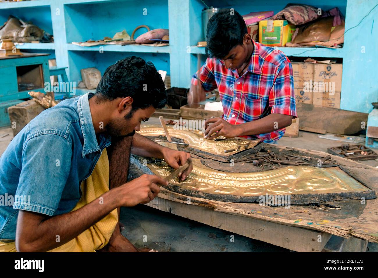 Making bronze, brass fittings for temples at Swamimalai near Kumbakonam, Tamil Nadu, South India