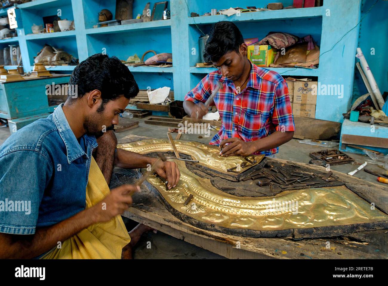 Making bronze, brass fittings for temples at Swamimalai near Kumbakonam