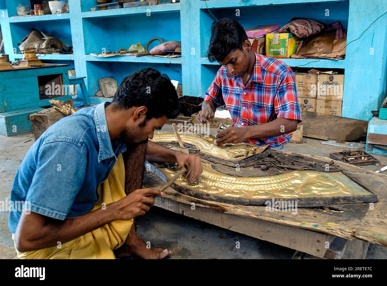 Making bronze, brass fittings for temples at Swamimalai near Kumbakonam, Tamil Nadu, South India