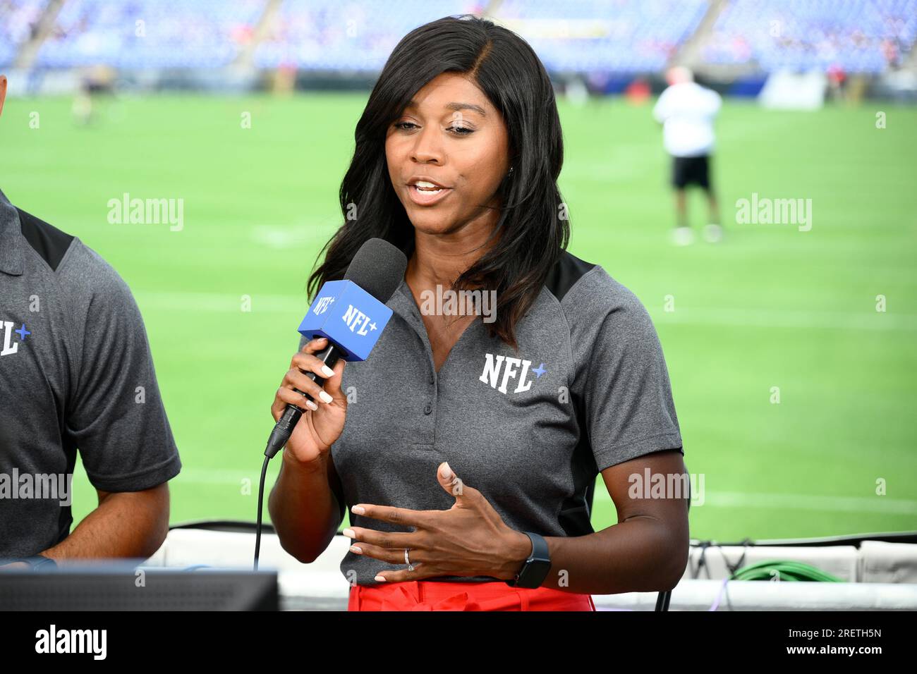NFL Network reporter Sherree Burruss reports from Baltimore Ravens NFL  football training camp, Saturday, July 29, 2023, in Baltimore. (AP  Photo/Nick Wass Stock Photo - Alamy