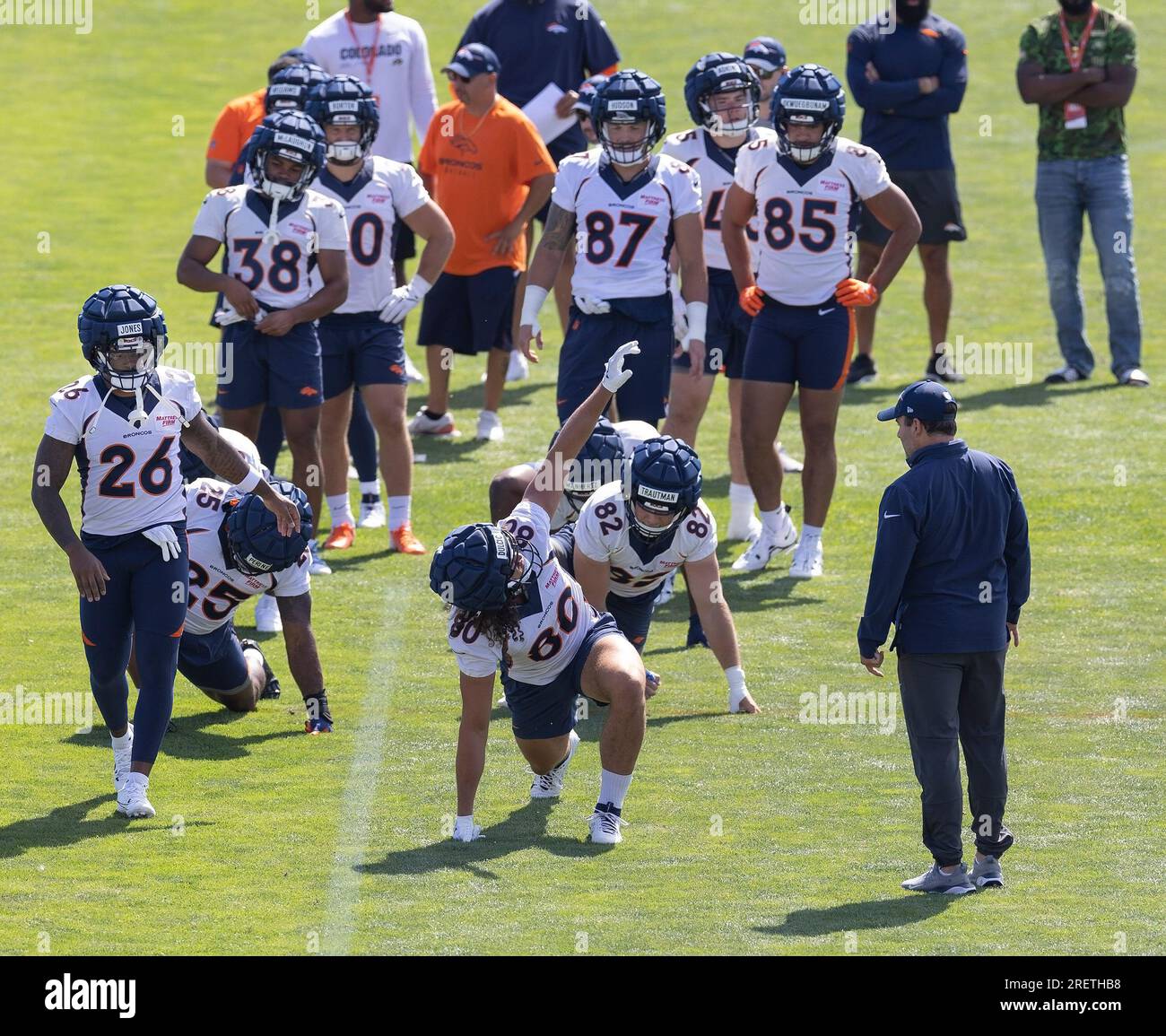Englewood, Colorado, USA. 28th July, 2023. Broncos TE GREG DULCICH #80 goes  thru stretches before the start of Broncos Training Camp Saturday morning  at Centura Health Training Center. (Credit Image: © Hector