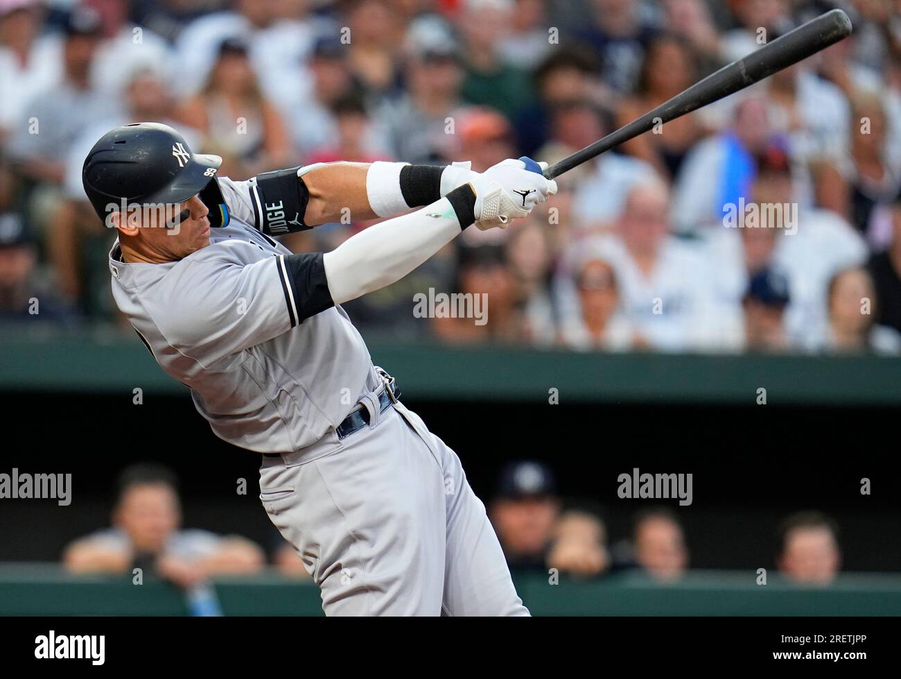 Aaron Judge of the New York Yankees follows through his swing