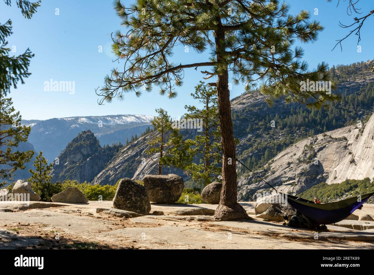 Peaceful hammock rest on the John Muir Trail. Stock Photo