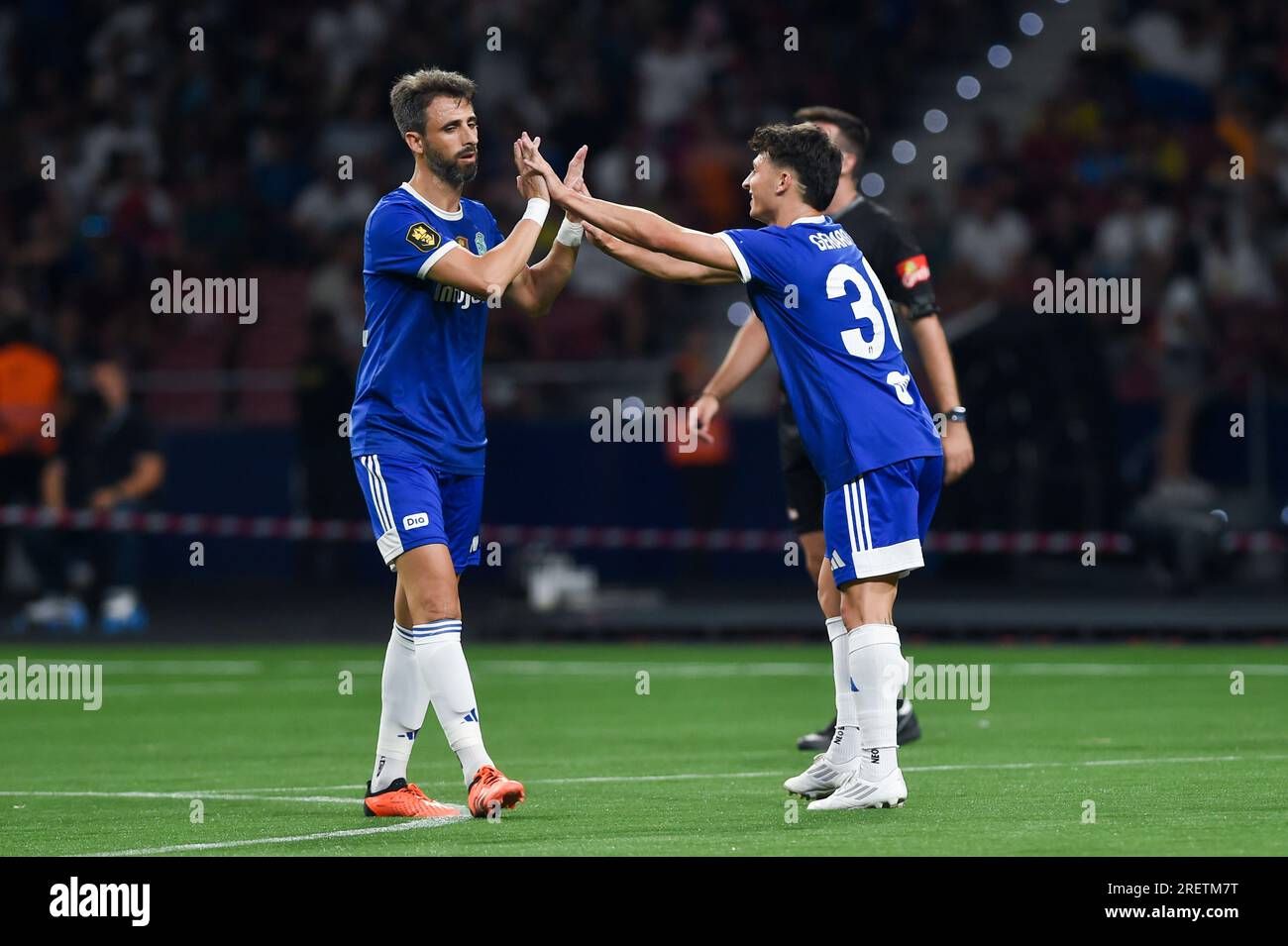 Madrid, Spain. 29th July, 2023. Players of El Barrio celebrate a goal during the King's League final between El Barrio and xBuyer Team at Civitas Metropolitano Stadium in Madrid, Spain, July 29, 2023. Credit: Gustavo Valiente/Xinhua/Alamy Live News Stock Photo