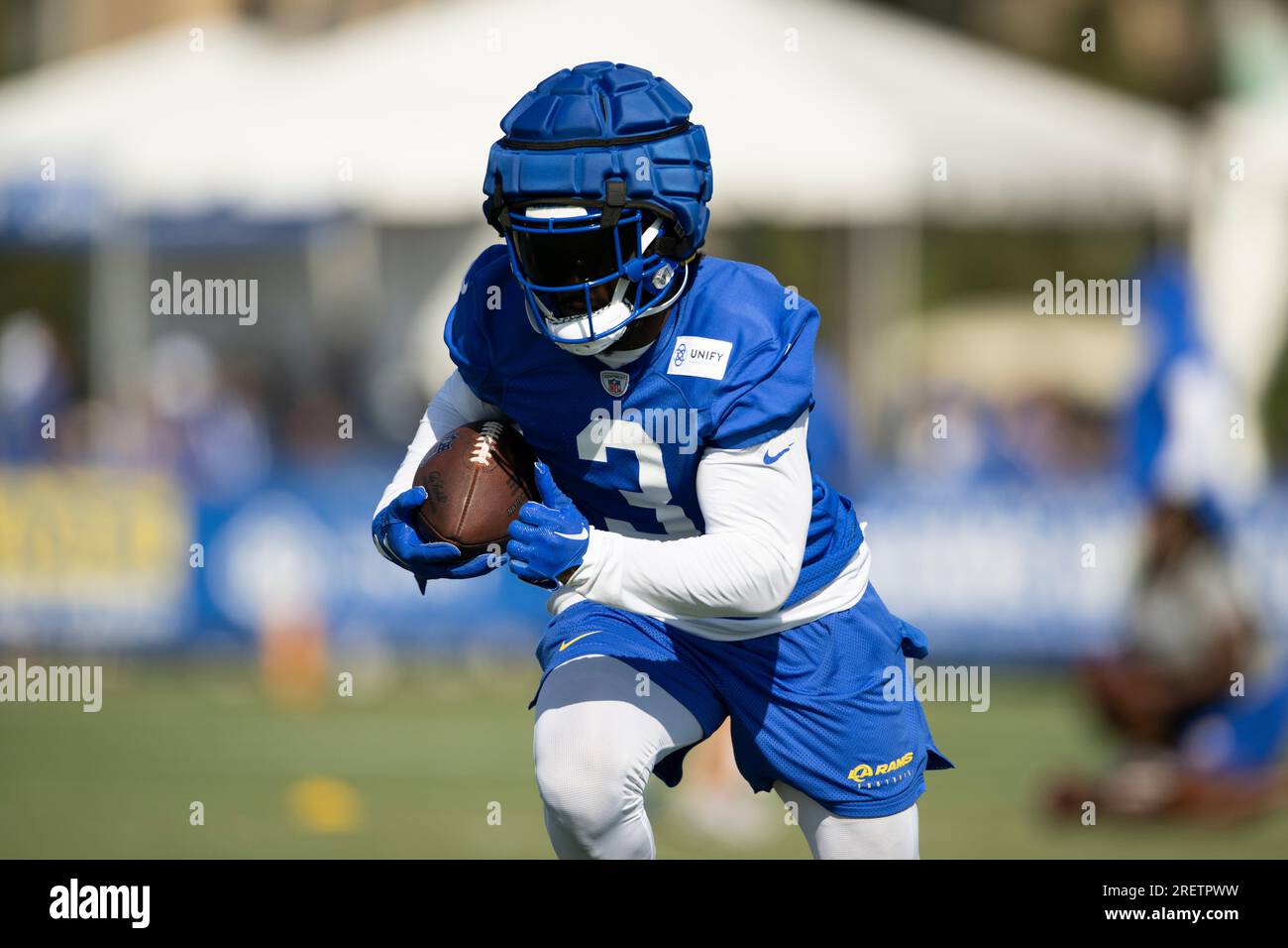 In this image taken video, Los Angeles Rams running back Sony Michel speaks  with reporters at the NFL football team's training complex in Thousand  Oaks, Calif., Thursday, Aug. 26, 2021. Michel watched