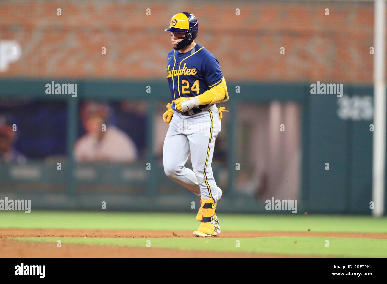 ATLANTA, GA - JULY 29: Milwaukee Brewers designated hitter and former Brave William  Contreras (24) circles the bases after hitting a home run in the 8th inning  during the Saturday evening MLB