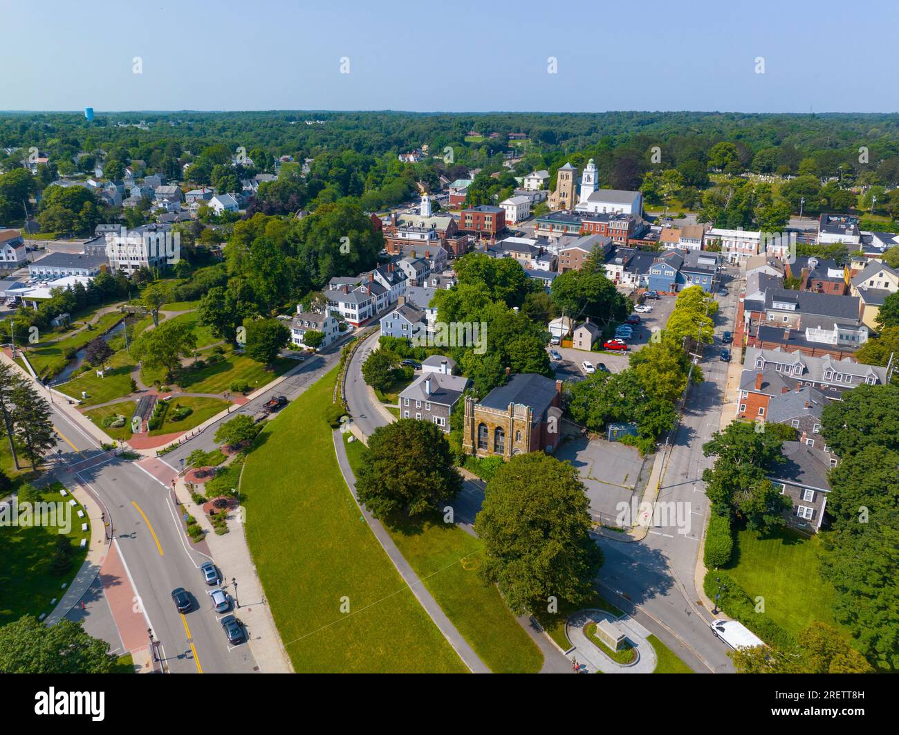 Plymouth historic town center aerial view including Town Square on Main