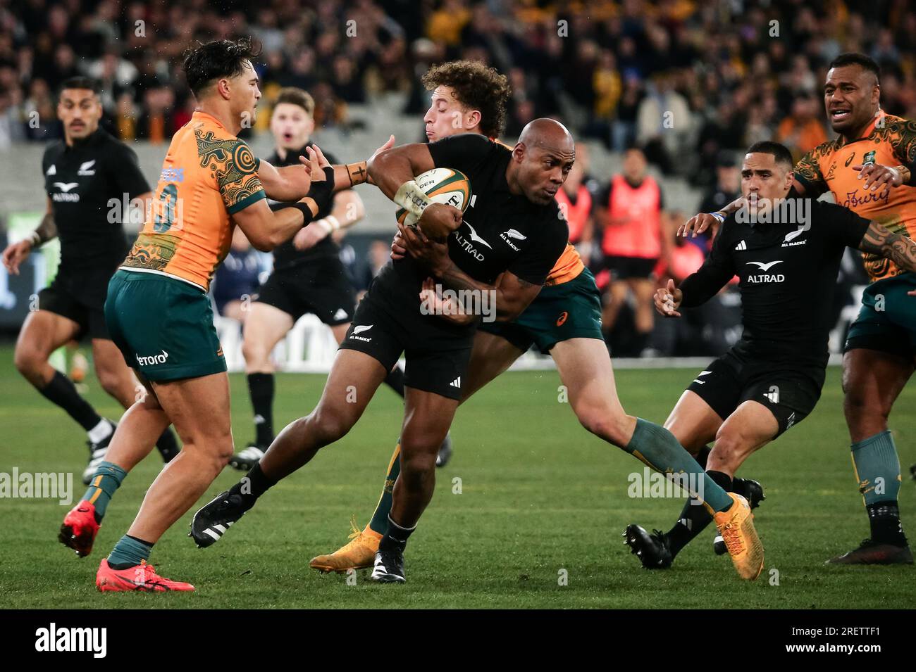 Melbourne, Australia, 29 July, 2023. Mark Telea of the All Blacks gets ...