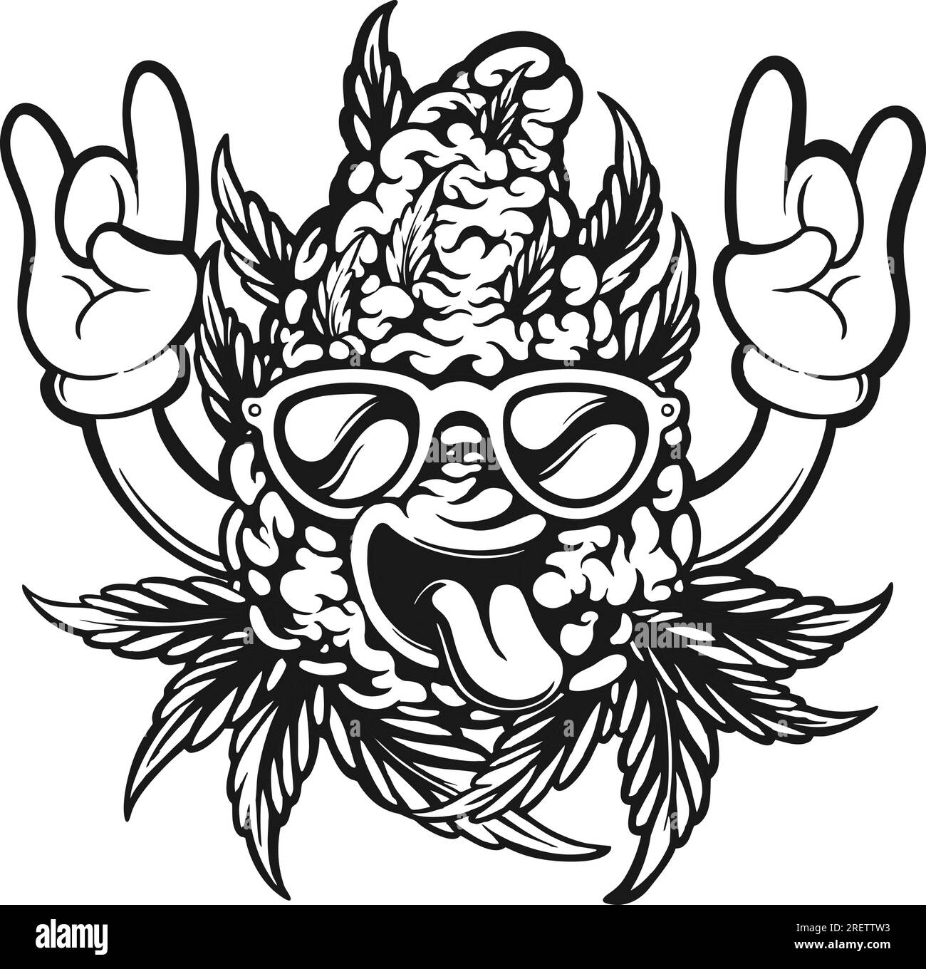 Quirky cool funky monster cannabis bud outline vector illustrations for