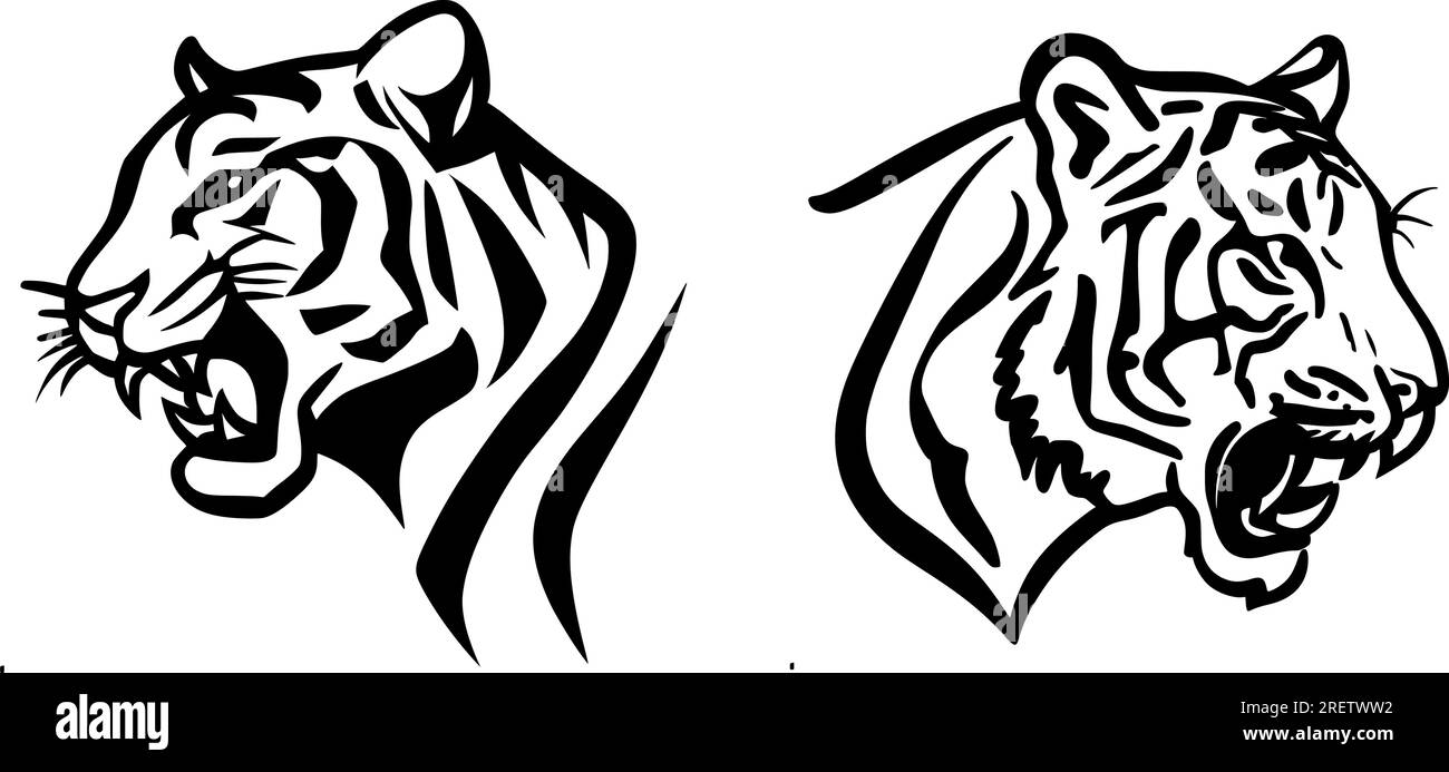 Tiger tattoo vector illustrations,Two tiger head designs in black and white, suitable for tattoos, logos, stickers, and other creative project Stock Vector