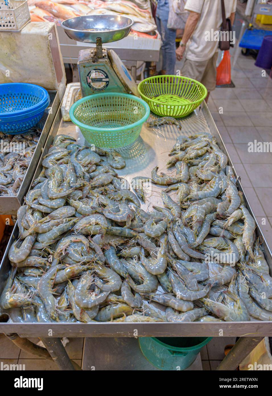 Fresh prawns on display at a stall in the Chinatown Complex wet market, Chinatown, Singapore Stock Photo