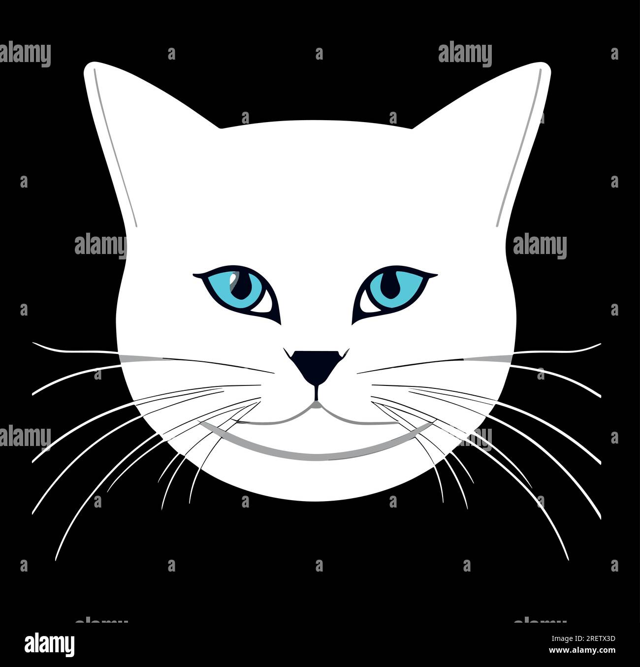 A vector illustration of a white cat’s face on a dark background. The