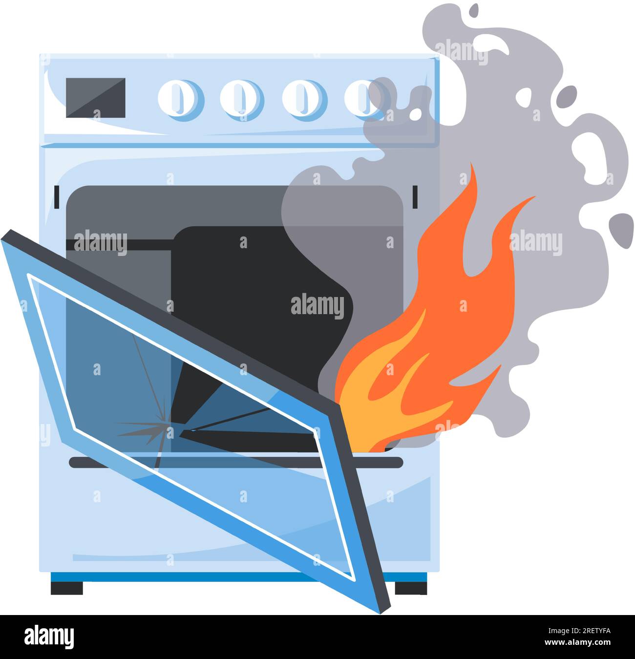 Oven in fire, isolated stove with flames and smoke, dangerous kitchen