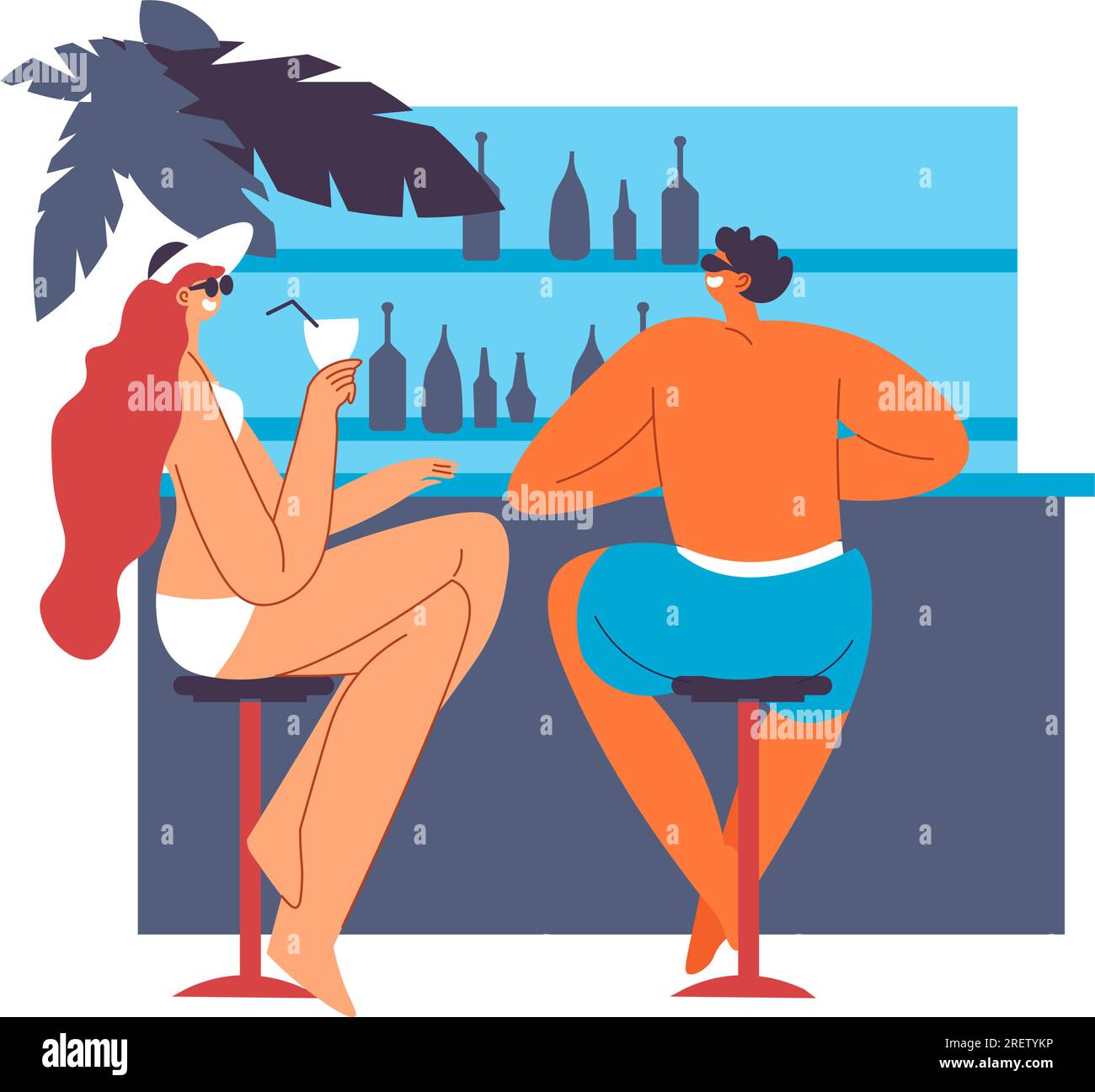 Couple resting at bar by tropical beach seaside Stock Vector
