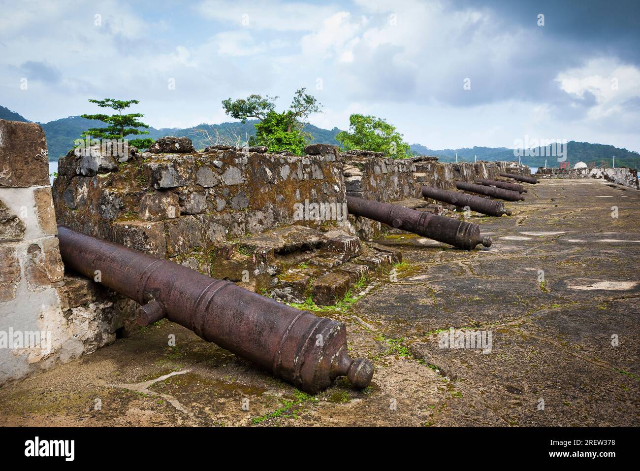 Cannons at Fuerte Santiago fortress in the Portobelo village, Colon province, Republic of Panama, Central America Stock Photo