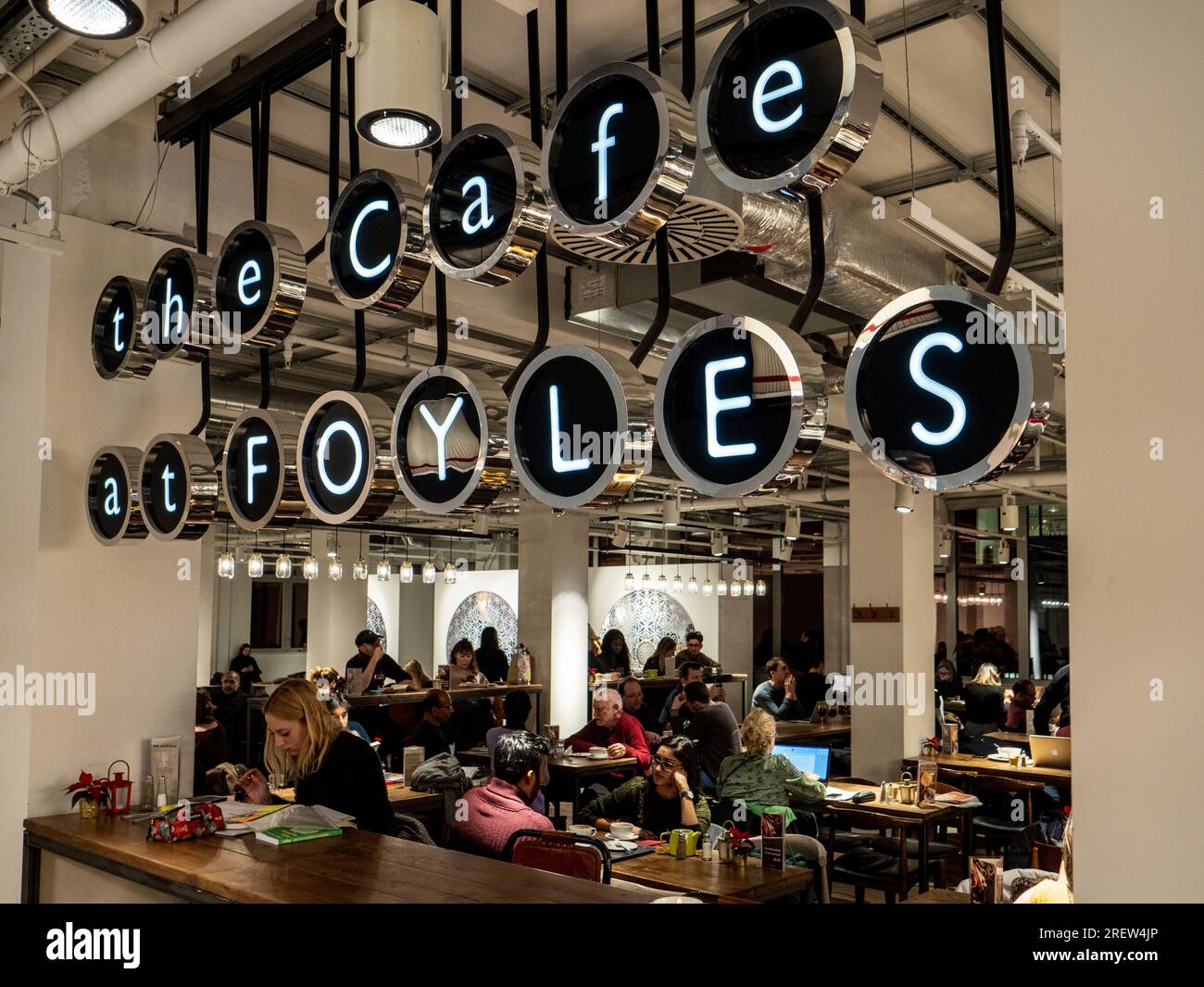Foyles Cafe. The Cafe at Foyles bookshop. Foyles bookstore in Charing Cross Road in central London UK. Foyles was founded in 1903. Stock Photo