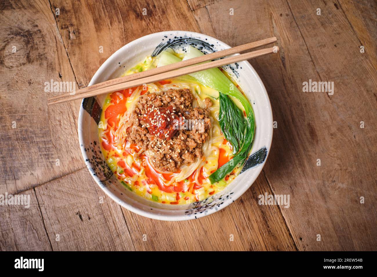 Stock photo of yummy soup of noodles with minced meat ready to eat. Stock Photo