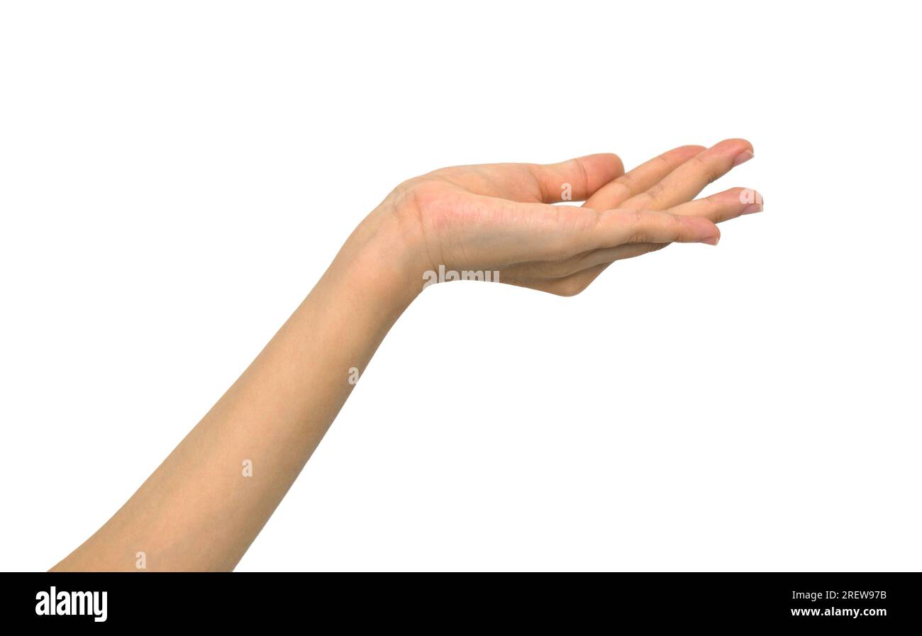 An elegant woman's hand extended forward, her fingertips gently curled as if to grasp something invisible, set against a spotless white background. Stock Photo