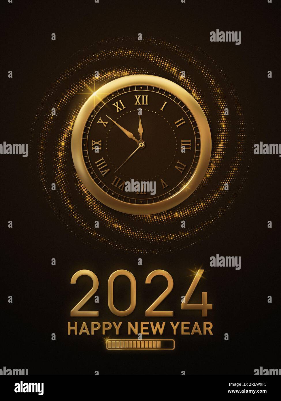New Year 2024 Countdown Clock Shows the New Year 2024 loading with a metallic gold watch and glitter Stock Photo