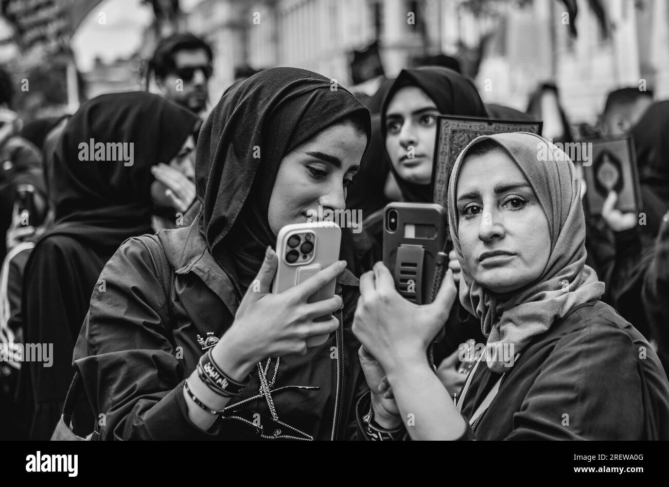 Black and white image of Shia Muslim women at a march in London to commemorate Ashura. Stock Photo