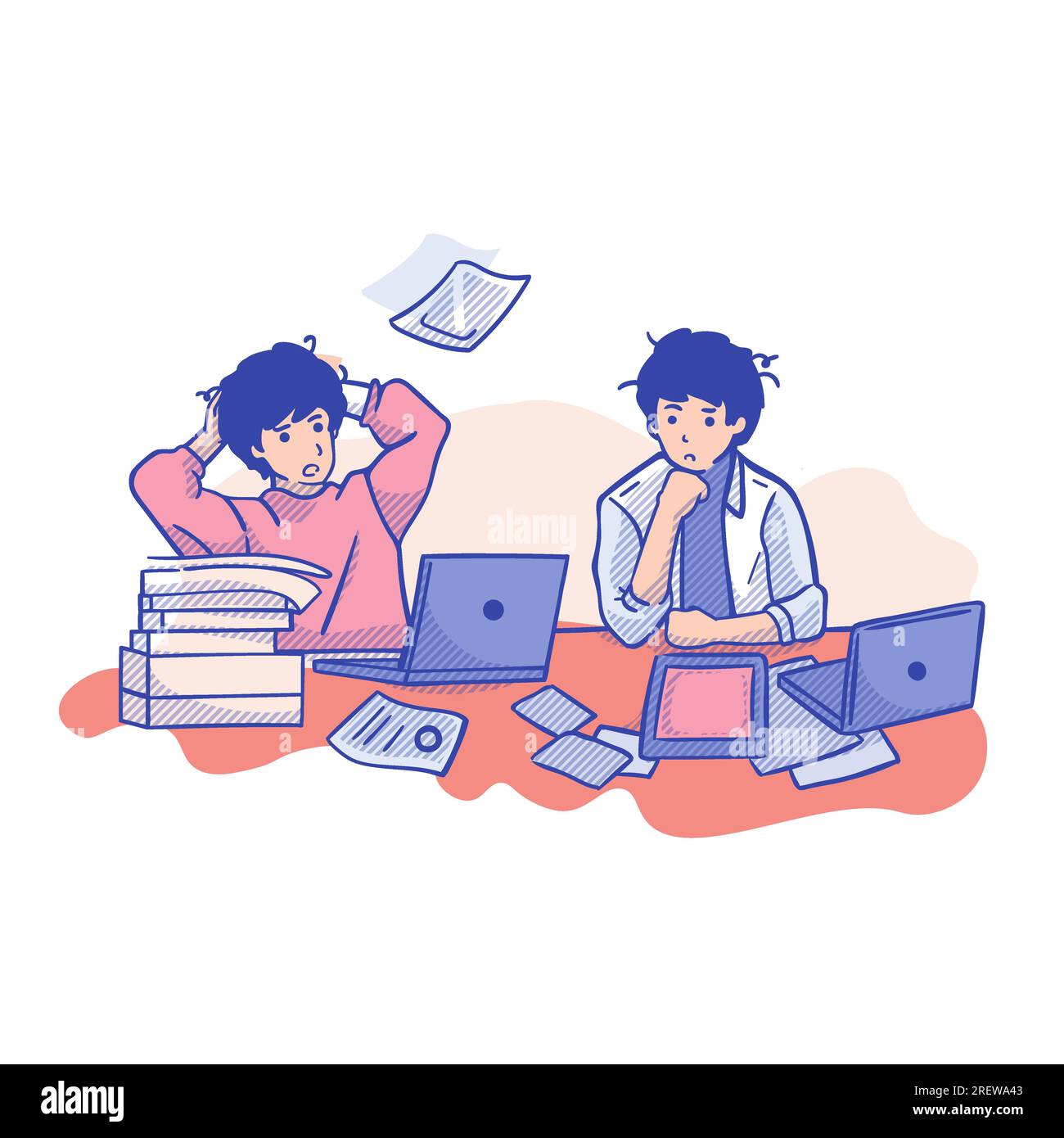 man, cartoon, business, stress, tired, illustration, Tired man and woman sitting at the desk with laptop and documents. Flat style vector illustration Stock Vector
