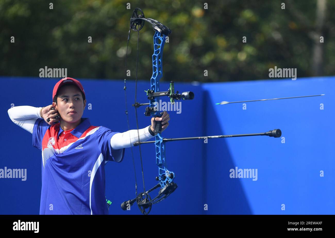 Chengdu, China's Sichuan Province. 30th July, 2023. Lin Ming-ching of Chinese Taipei competes during the Archery Compound Women's Team Bronze Medal Match between China and Chinese Taipei at the 31st FISU Summer World University Games in Chengdu, southwest China's Sichuan Province, July 30, 2023. Credit: Deng Hua/Xinhua/Alamy Live News Stock Photo