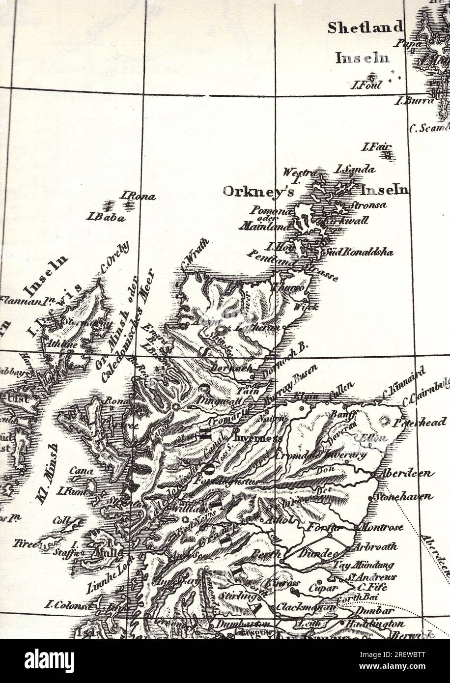 Historic black and white geographical map of Scotland. Stock Photo