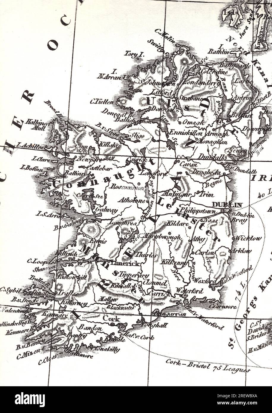 Historic black and white geographical map of Ireland. Stock Photo
