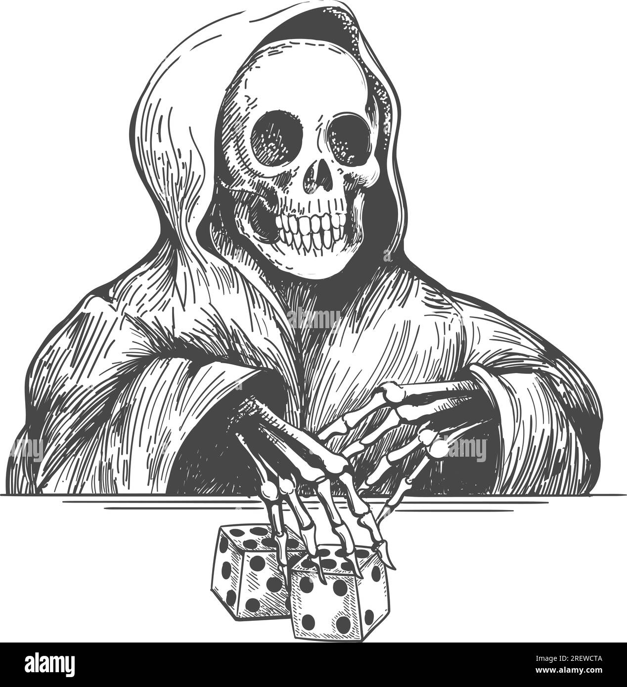 Tattoo of Skull in a Hood Plays High Dice drawn in Monochrome Engraving Style isolated on white. Vector illustration Stock Vector