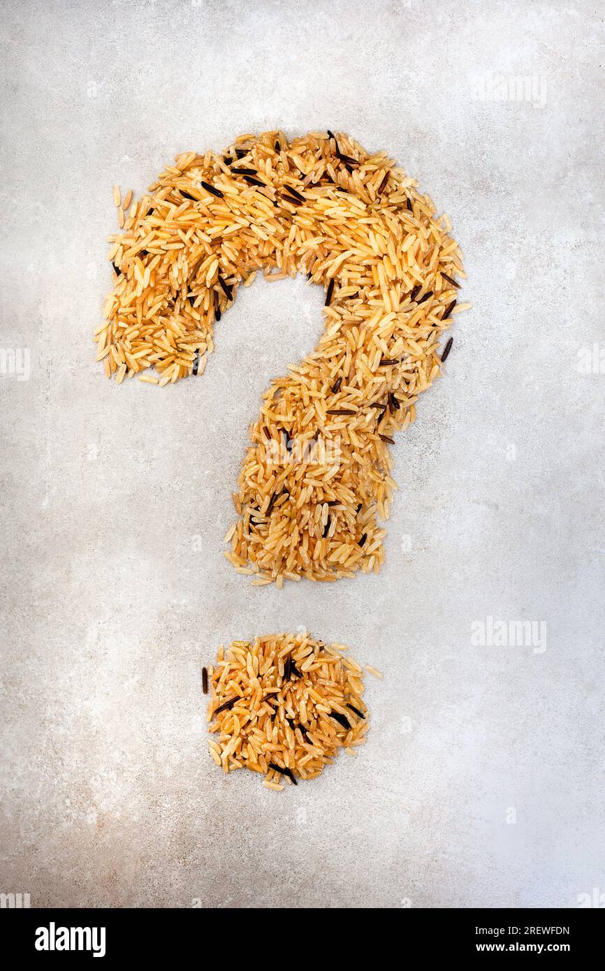 Question mark out of rice grains. Food insecurity and shortage of rice