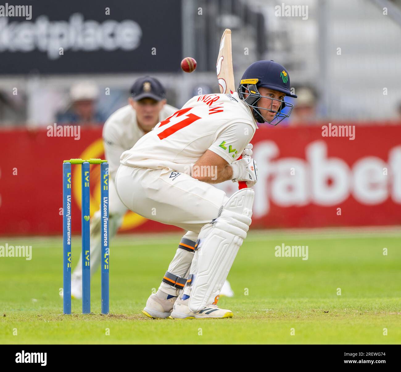 Colin Ingram batting for Glamorgan avoids a bouncer in a County Championship Match between Derbyshire and Glamorgan Stock Photo