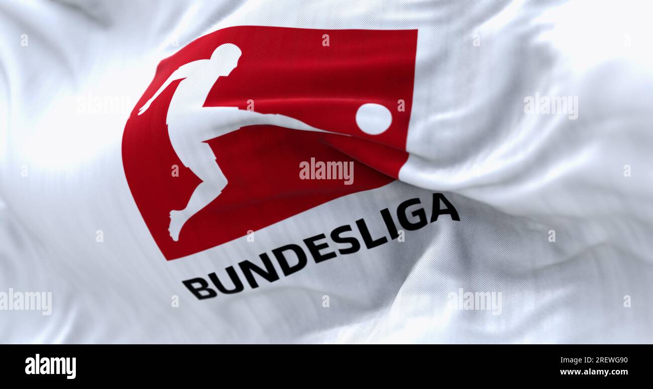 Munich, DE, April 2023: Close-up of the Bundesliga flag waving in the wind. Bundesliga is a professional association football league in Germany. Illus Stock Photo