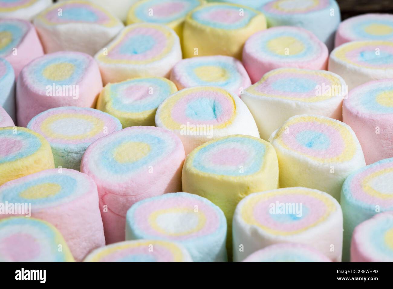 multi colored sweet soft marshmallows made from sugar, gelatin, starch