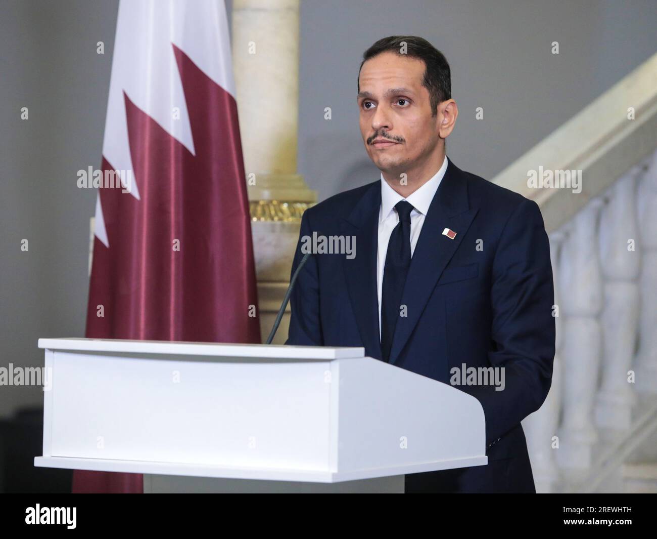 Non Exclusive: KYIV, UKRAINE - JULY 28, 2023 - Prime Minister and Minister of Foreign Affairs of the State of Qatar Sheikh Mohammed bin Abdulrahman bi Stock Photo