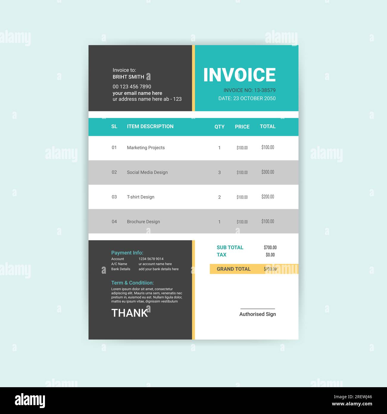 Professional creative simple Business and corporate modern invoice template design Stock Vector