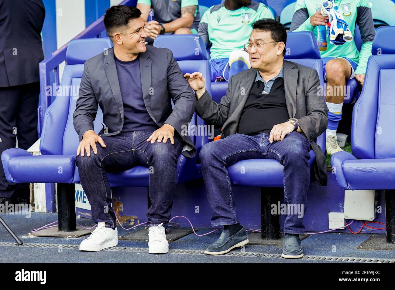 Sheffield, UK. 29th July, 2023. Sheffield Wednesday Manager Xisco Munoz and Dejphon Chansiri during the Sheffield Wednesday FC vs Luton Town FC at Hillsborough Stadium, Sheffield, United Kingdom on 29 July 2023 Credit: Every Second Media/Alamy Live News Stock Photo