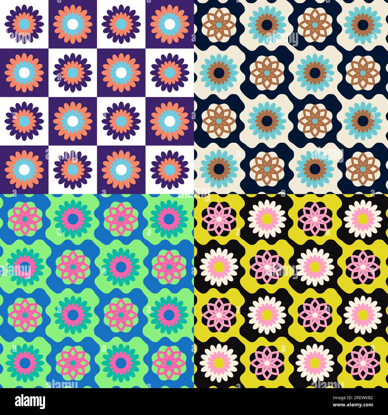 Retro floral square background granny style. Crocket knitted plaid seamless pattern patchwork flowers. Stock Vector