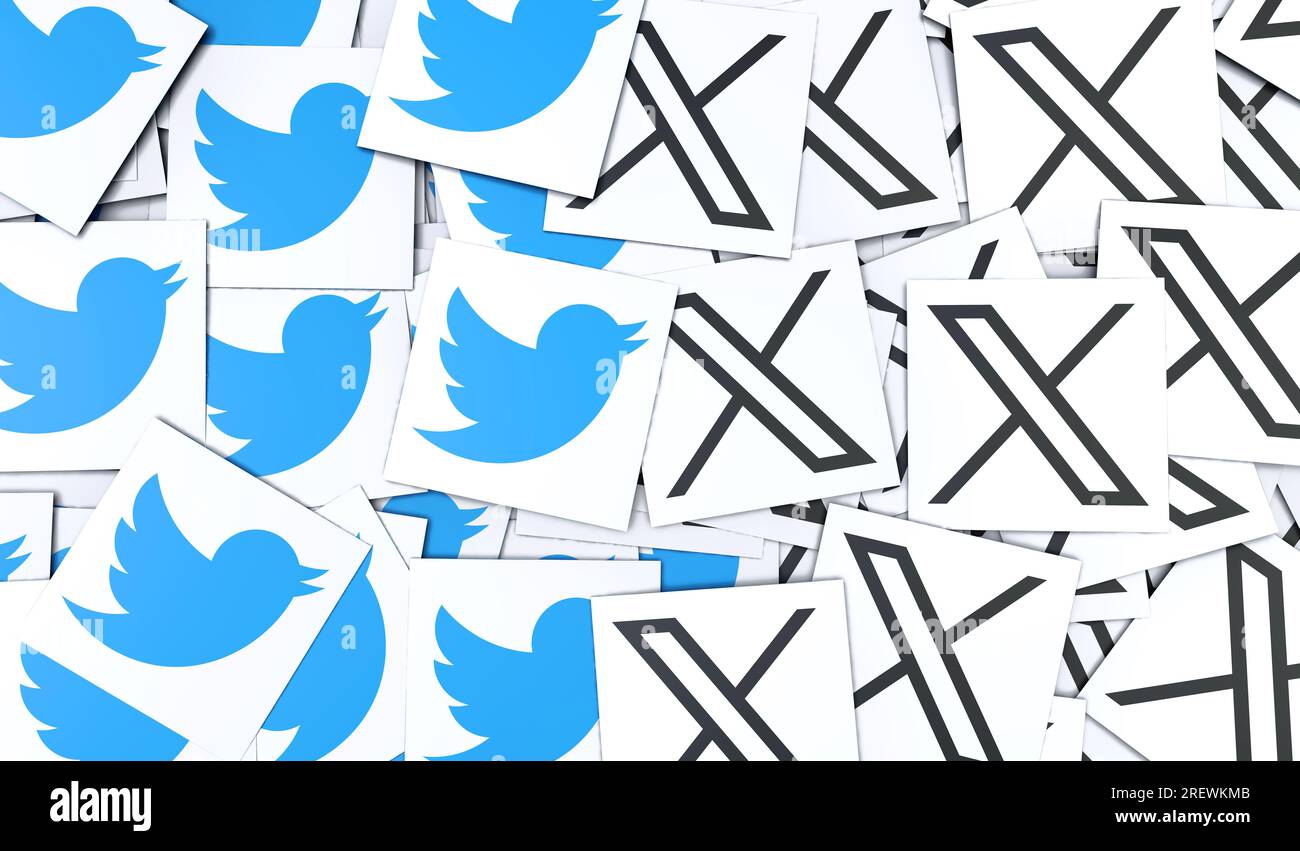 X app logo in front of Twitter blue bird symbol background. X is the new  name and logo of social media. - Türkiye, Istanbul - August 2023, 3D Stock  Photo - Alamy