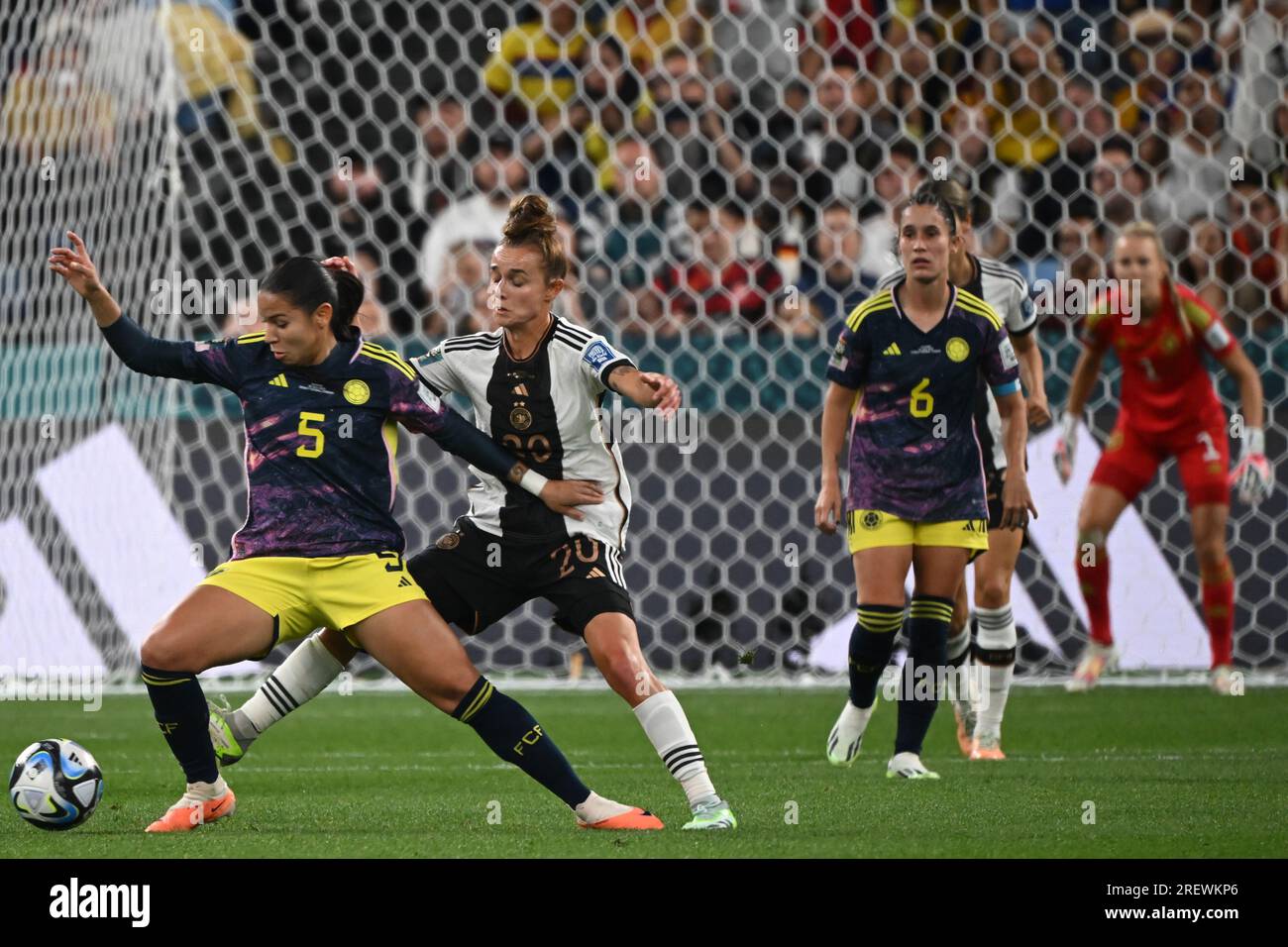 30 July 2023, Australia, Sydney: Soccer, Women: World Cup, Germany - Colombia, Preliminary Round, Group H, Matchday 2 at Sydney Football Stadium, Colombia's Lorena Bedoya (l) and Germany's Lina Magull in action. Photo: Sebastian Christoph Gollnow/dpa Stock Photo