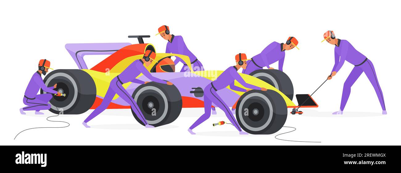 Pit stop crew at work to change tire of car vector illustration 