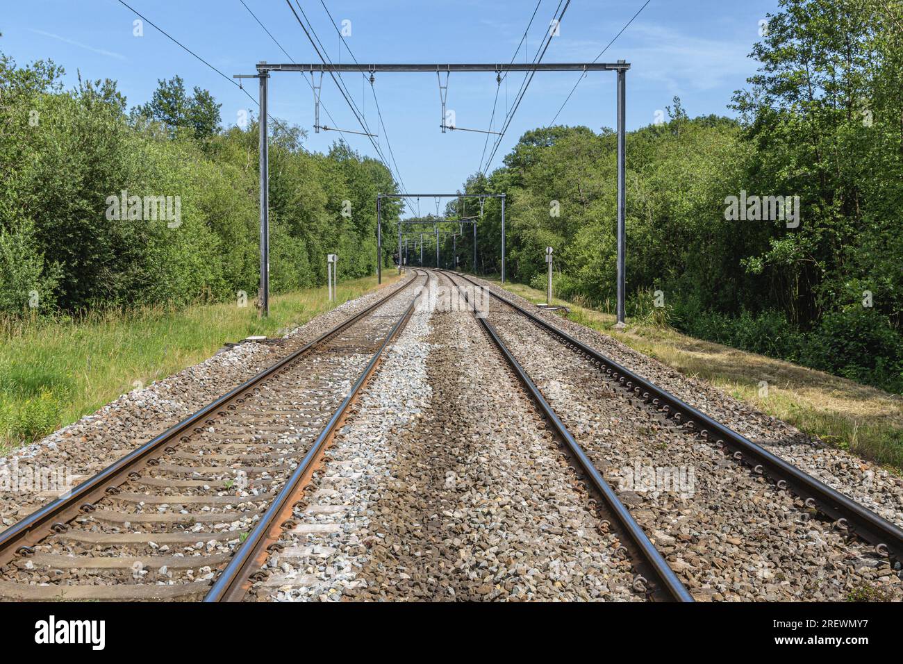 landscape railway perspective overhead electric wires infrastracture summer day countryside